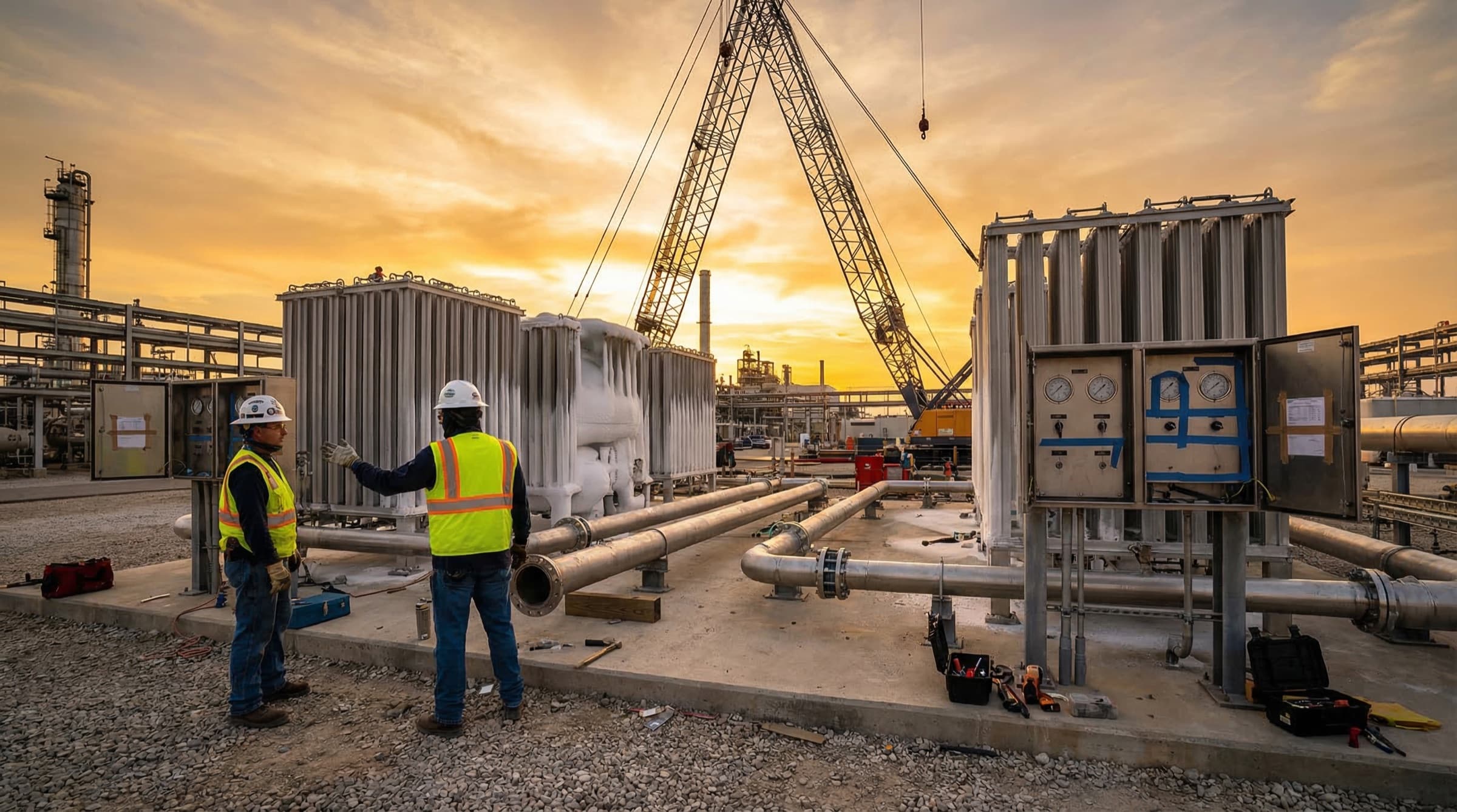 Wide-angle industrial scene of a cryogenic system being decommissioned with vacuum-jacketed piping, vaporizer banks, and workers in PPE coordinating dismantling at golden hour