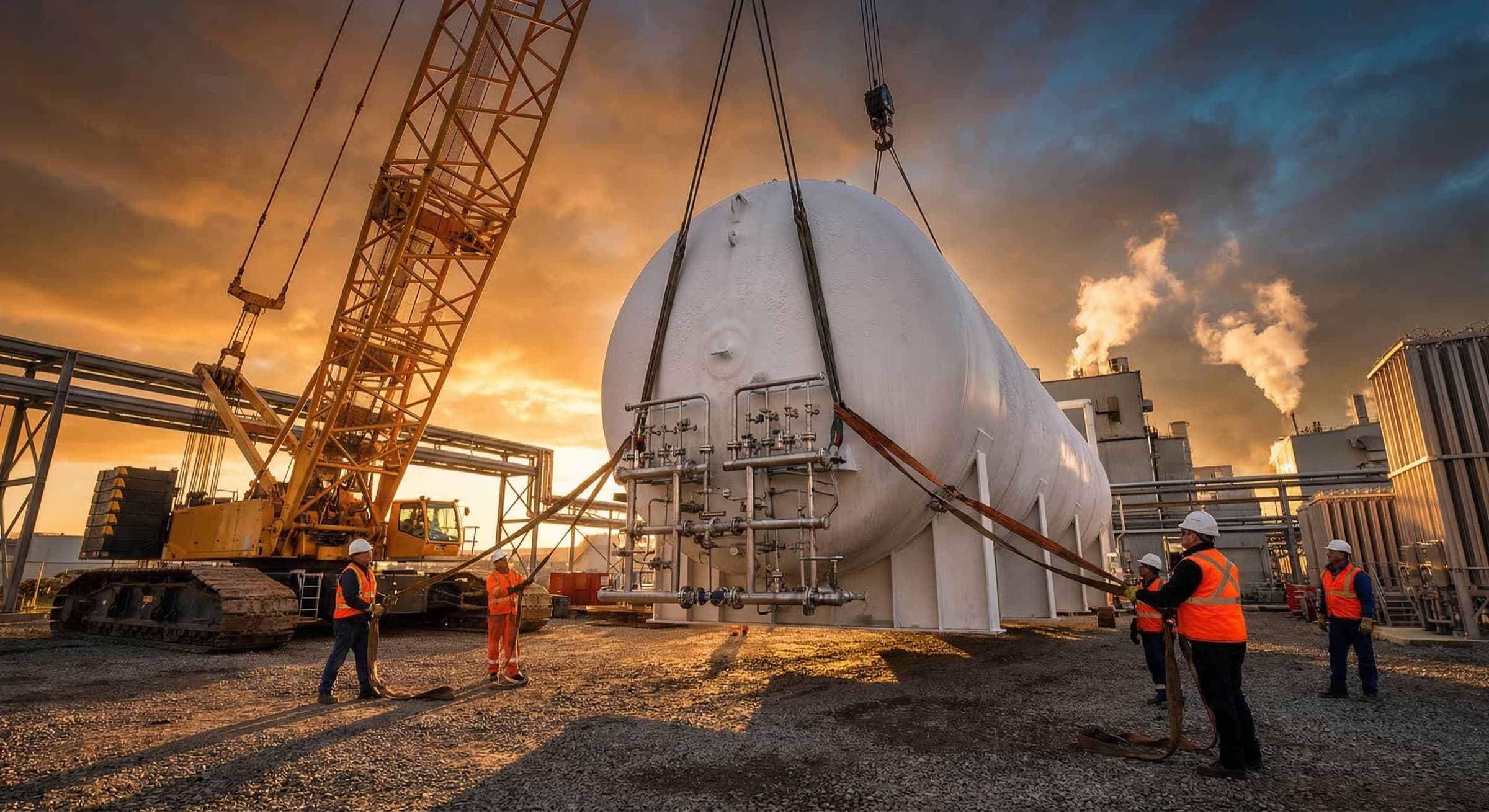 Cryogenic storage tank being lifted by a crane at golden hour with workers in PPE guiding rigging straps at an industrial decommissioning facility