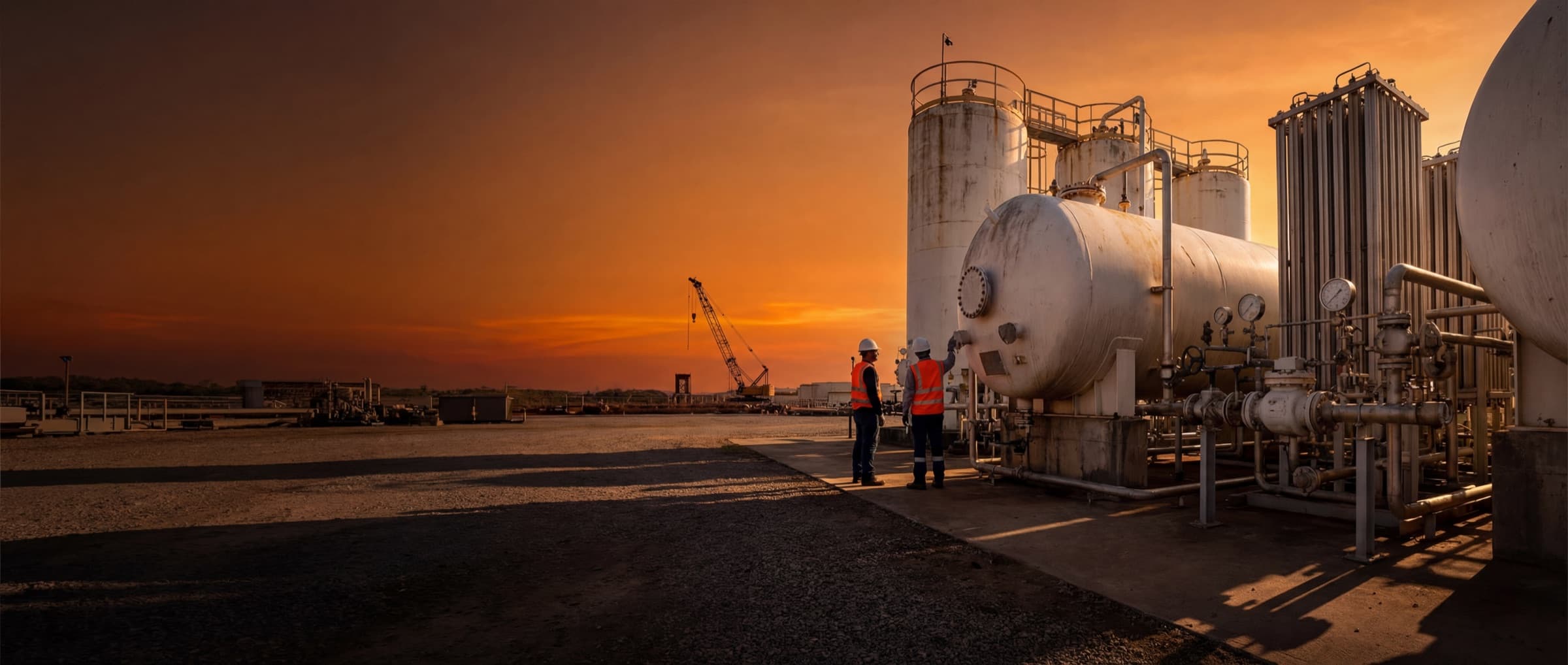Dramatic cinematic view of white cryogenic storage tanks with industrial piping at a decommissioning facility during golden hour sunset, with two safety-equipped workers and a crane in the background